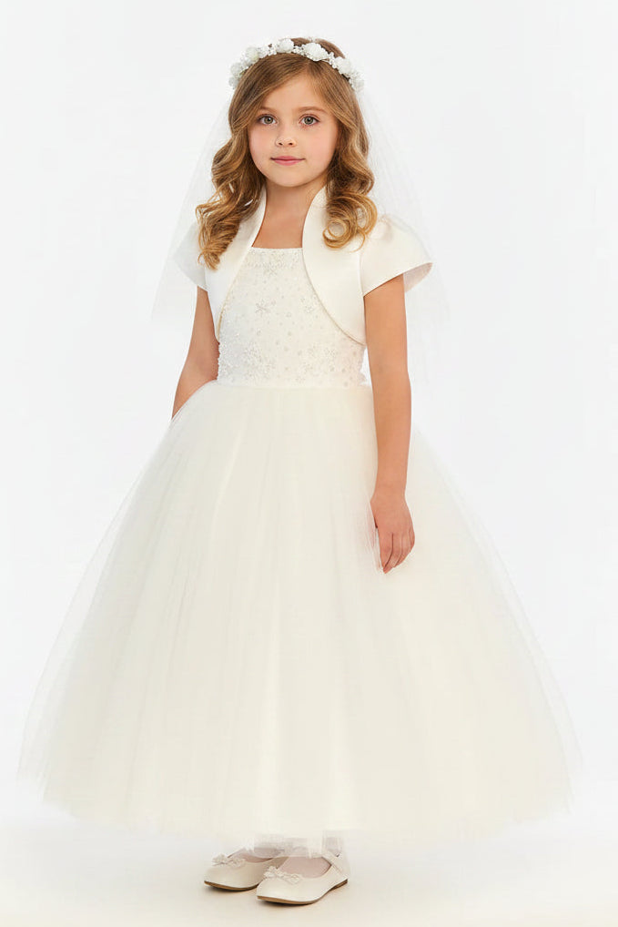 Fancy Seed Pearl Bodice Girls Gown & Bolero White Canada 6