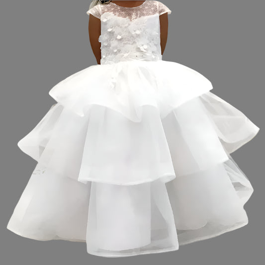 Fancy Tiered Skirt First Holy Communion Gown White Front View