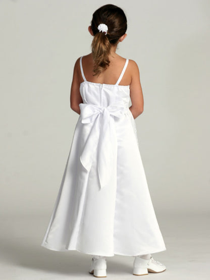 Fancy embroidered communion gown back detail view - white satin dress with removable rose accent and spaghetti straps Mississauga Ontario Canada