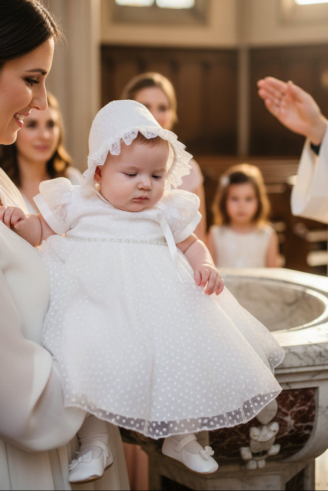 Finely Embroidered Tulle Baptism Dress Rhinestone Waist Trim Canada 3