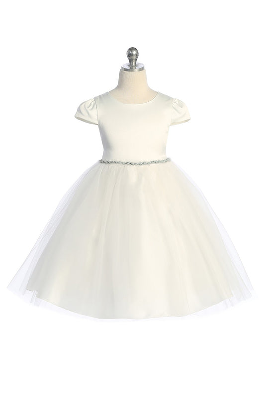 Fitted Cap Sleeve Flower Girl Dress Delicate Trim Ivory Front View 