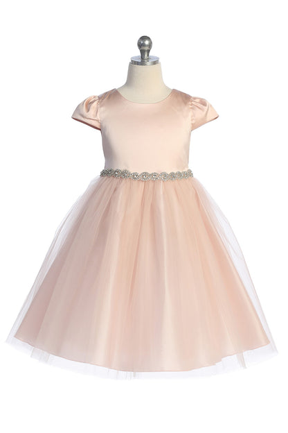 Fitted Cap Sleeve Girls Dress Blush Front Rhinestone Trim View