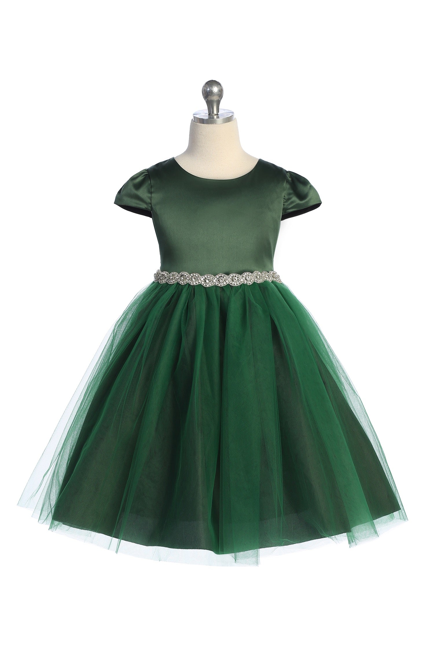 Fitted Cap Sleeve Girls Dress Green Front Rhinestone Trim View