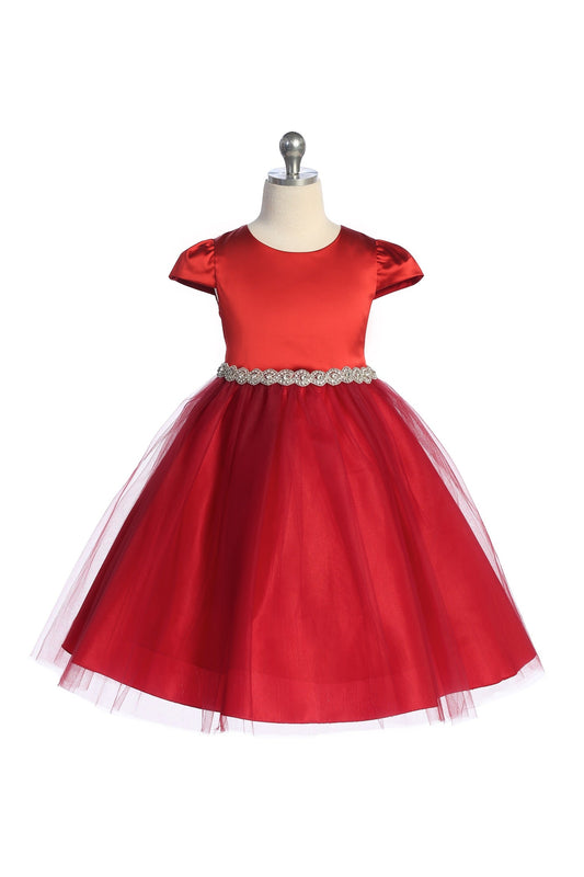 Fitted Cap Sleeve Girls Dress Red Front Rhinestone Trim View