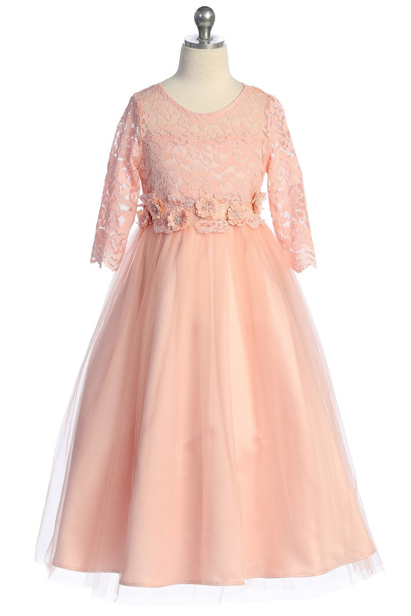 Floral Trim Long Sleeve Girls Formal Gown Pink Front View