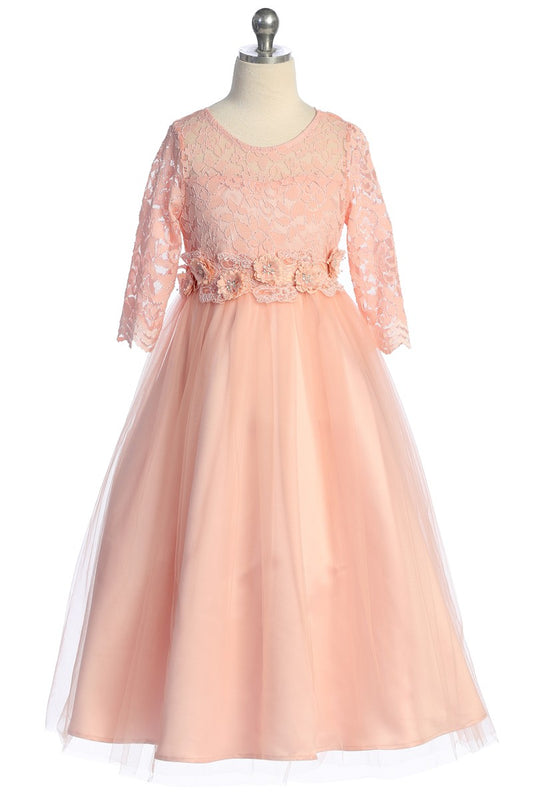 Floral Trim Long Sleeve Girls Formal Gown Pink Front View