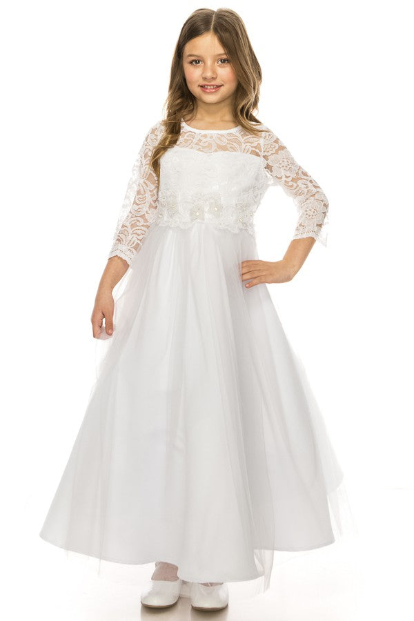 Floral Trim Long Sleeve Girls Formal Gown White Front Live View