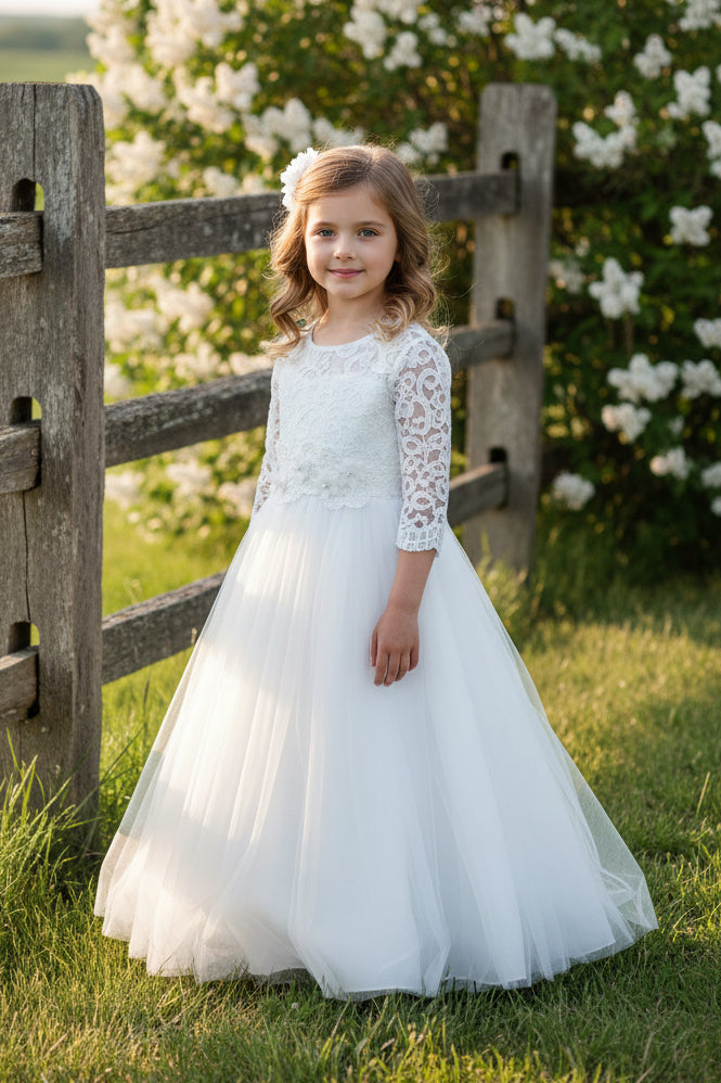 Floral Trim Long Sleeve Girls Formal Gown White live Canada