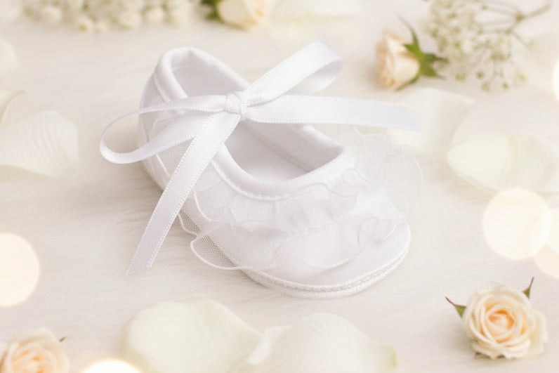 Girls Baptism Christening Shoe White Satin Organza Ruffle Canada