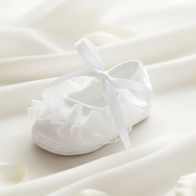 Girls Baptism Christening Shoe White Satin Organza Ruffle Canada single close