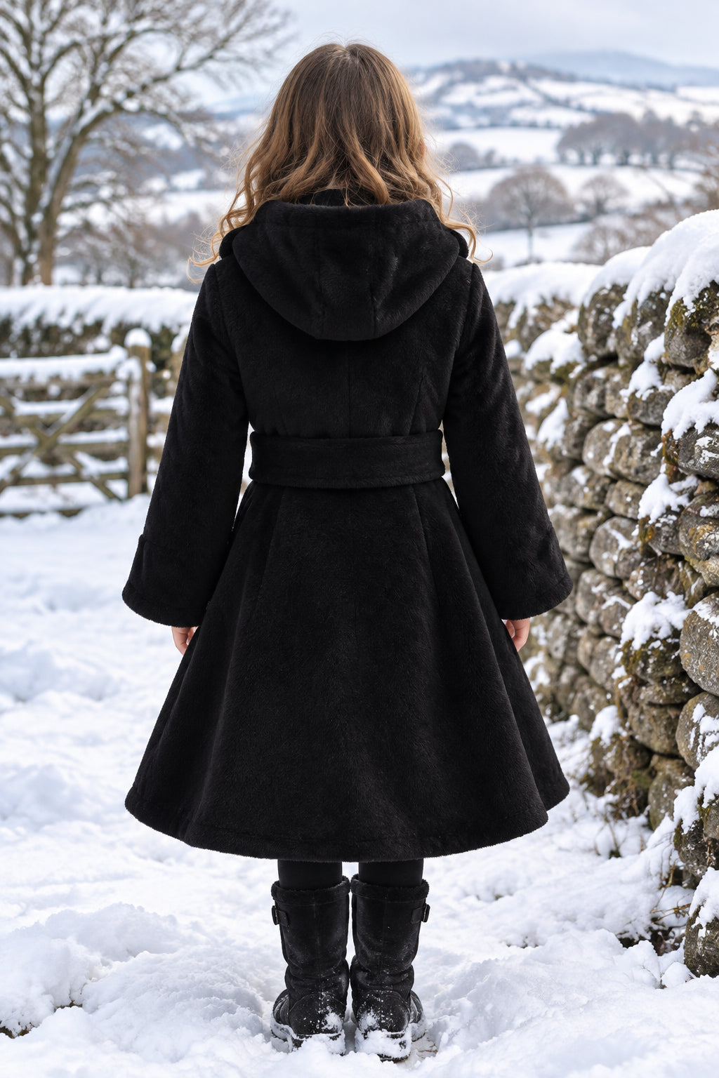 Girls Black Faux Fur Hooded Dress Coat Canada back live