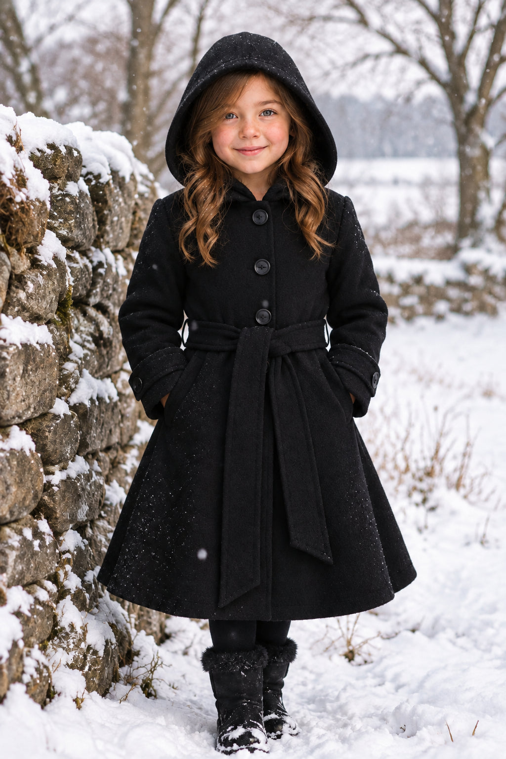 Girls Black Faux Fur Hooded Dress Coat Canada front 