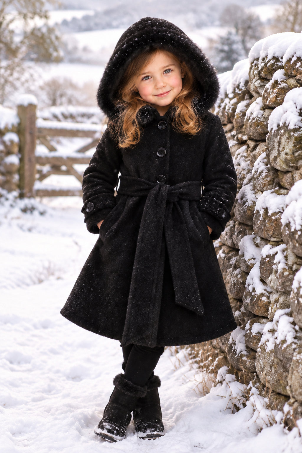 Girls Black Faux Fur Hooded Dress Coat Canada front live