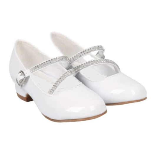 Girls Double Diamond Strap High Heel Shoe White Ivory Black Canada.