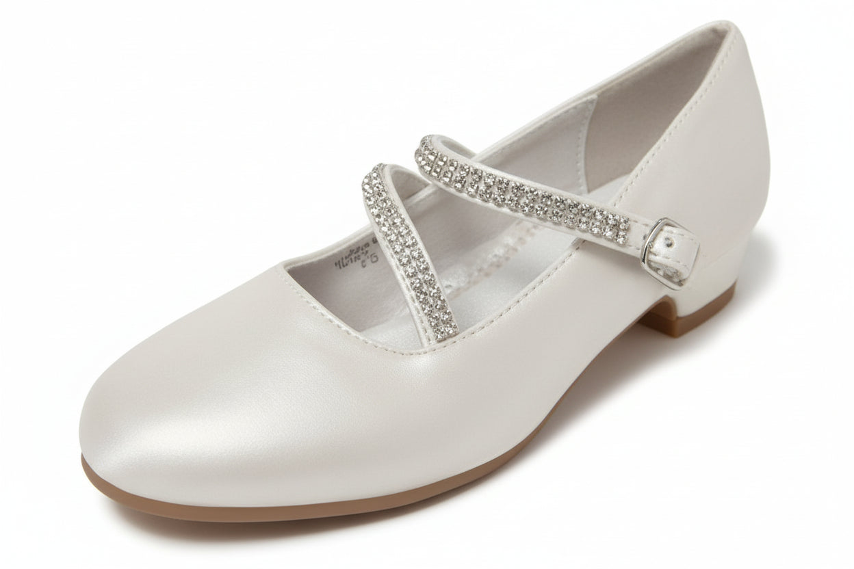 Girls Double Diamond Strap High Heel Shoe White Ivory Black Canada iv