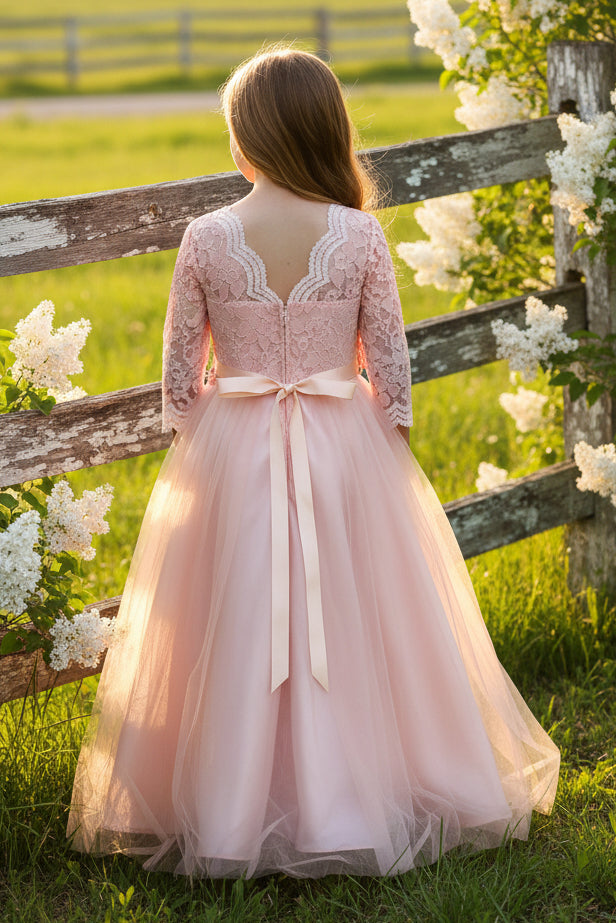 Girls Lace Top Long Sleeve Gown Floral Belt Multi Colour Canada blush back