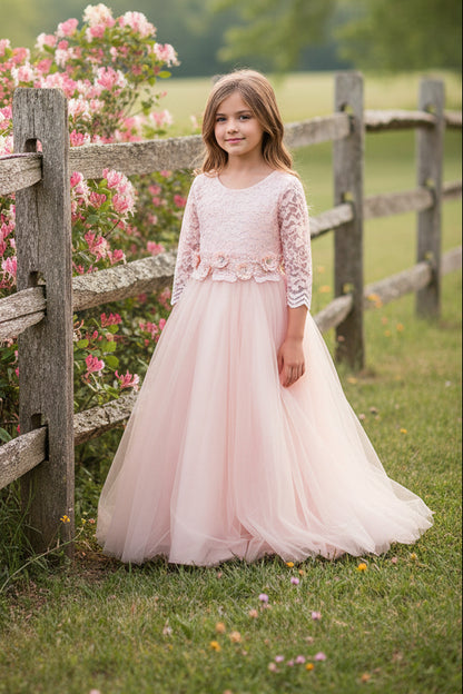 Girls Lace Top Long Sleeve Gown Floral Belt Multi Colour Canada blush live