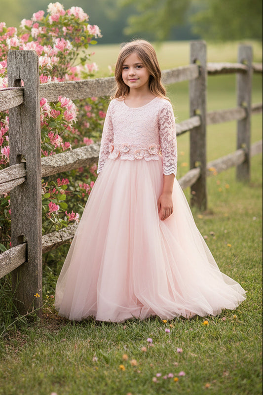 Girls Lace Top Long Sleeve Gown Floral Belt Multi Colour Canada blush live