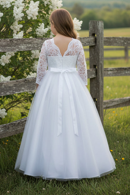 Girls Lace Top Long Sleeve Gown Floral Belt Multi Colour Canada white back live