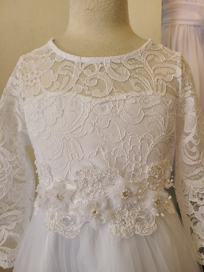 Girls Lace Top Long Sleeve Gown Floral Belt Multi Colour Canada white close live