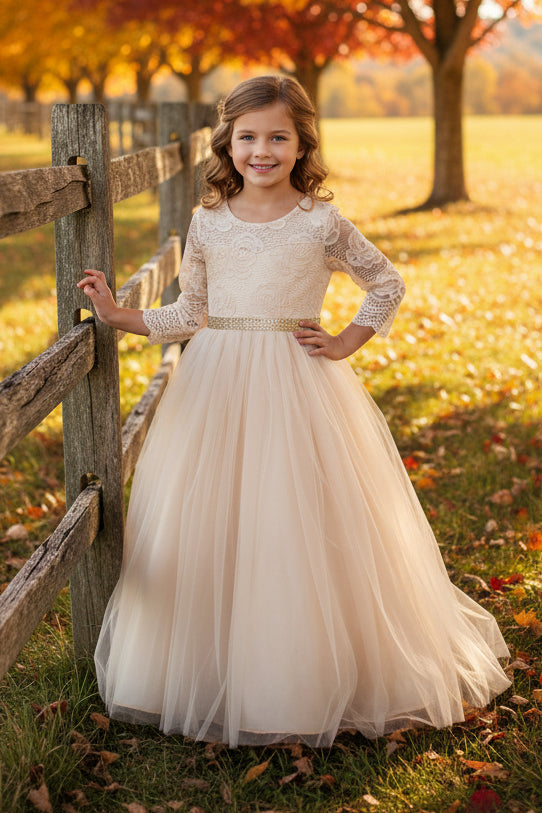 Girls Lace Top Long Sleeve Gown Multi Colour Canada champagne champagne live