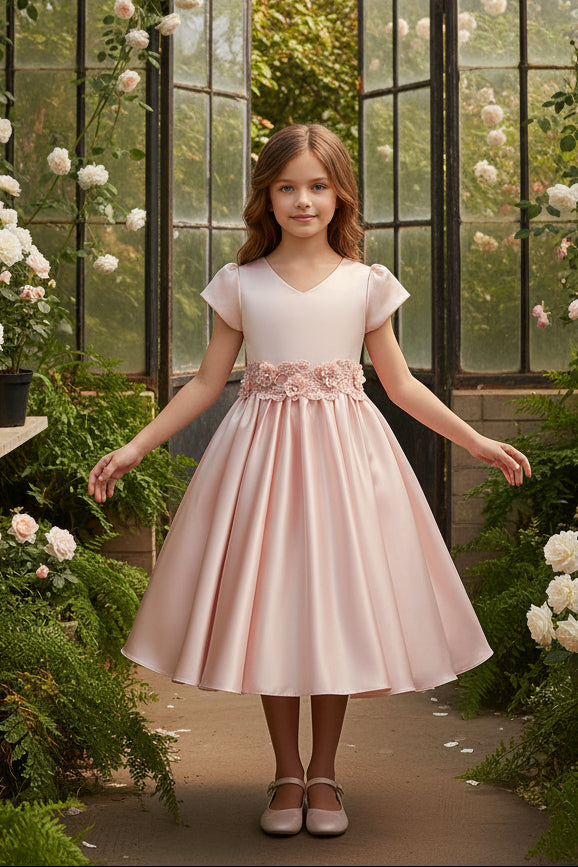 Girls Satin Dress With 3D Floral Belt Multi Colour Canada blush pink front