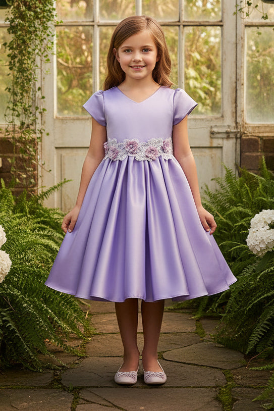 Girls Satin Dress With 3D Floral Belt Multi Colour Canada lilac front live