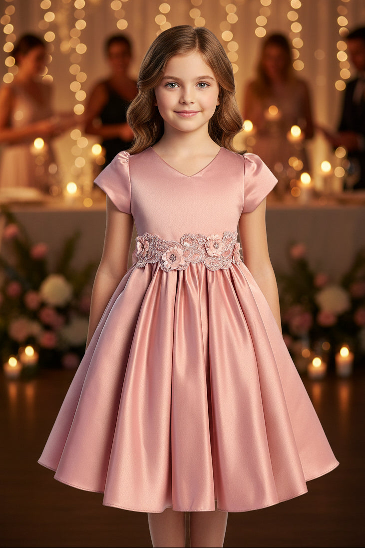 Girls Satin Dress With 3D Floral Belt Multi Colour Canada rose front live