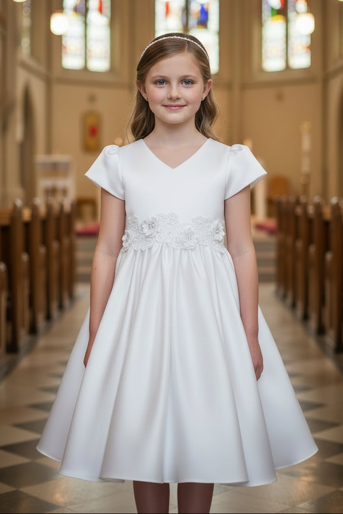Girls Satin Dress With 3D Floral Belt Multi Colour Canada  white front live