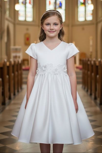Girls Satin Dress With 3D Floral Belt Multi Colour Canada  white front live
