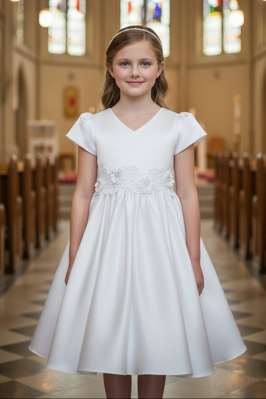 Girls Satin Dress With 3D Floral Belt Multi Colour Canada  white front live