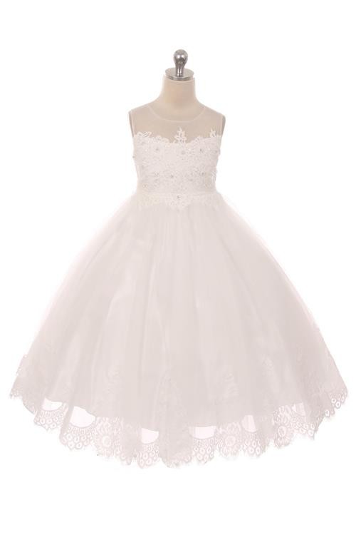 Lace Applique Illusion Girls Formal Gown Ivory Front View