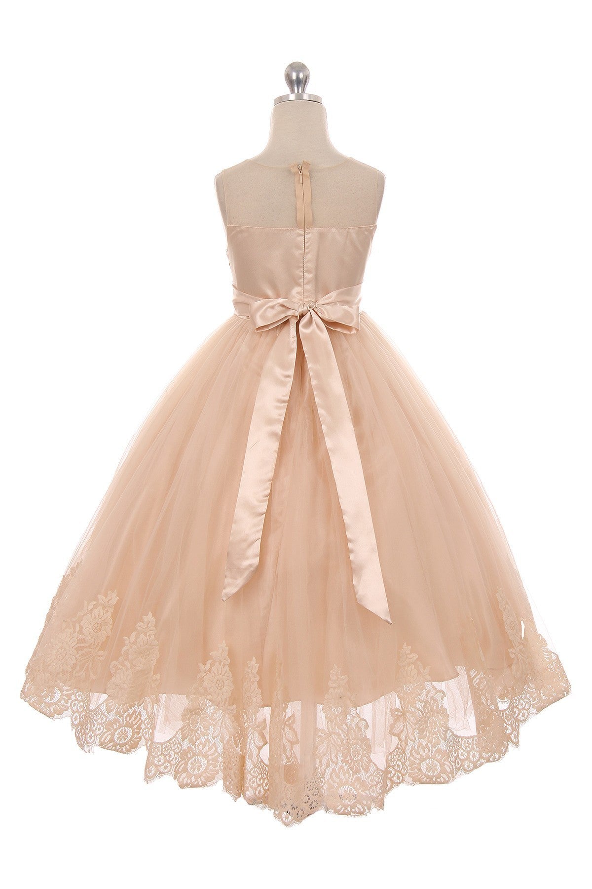 Lace Applique Illusion Girls Formal Gown Pink Back View