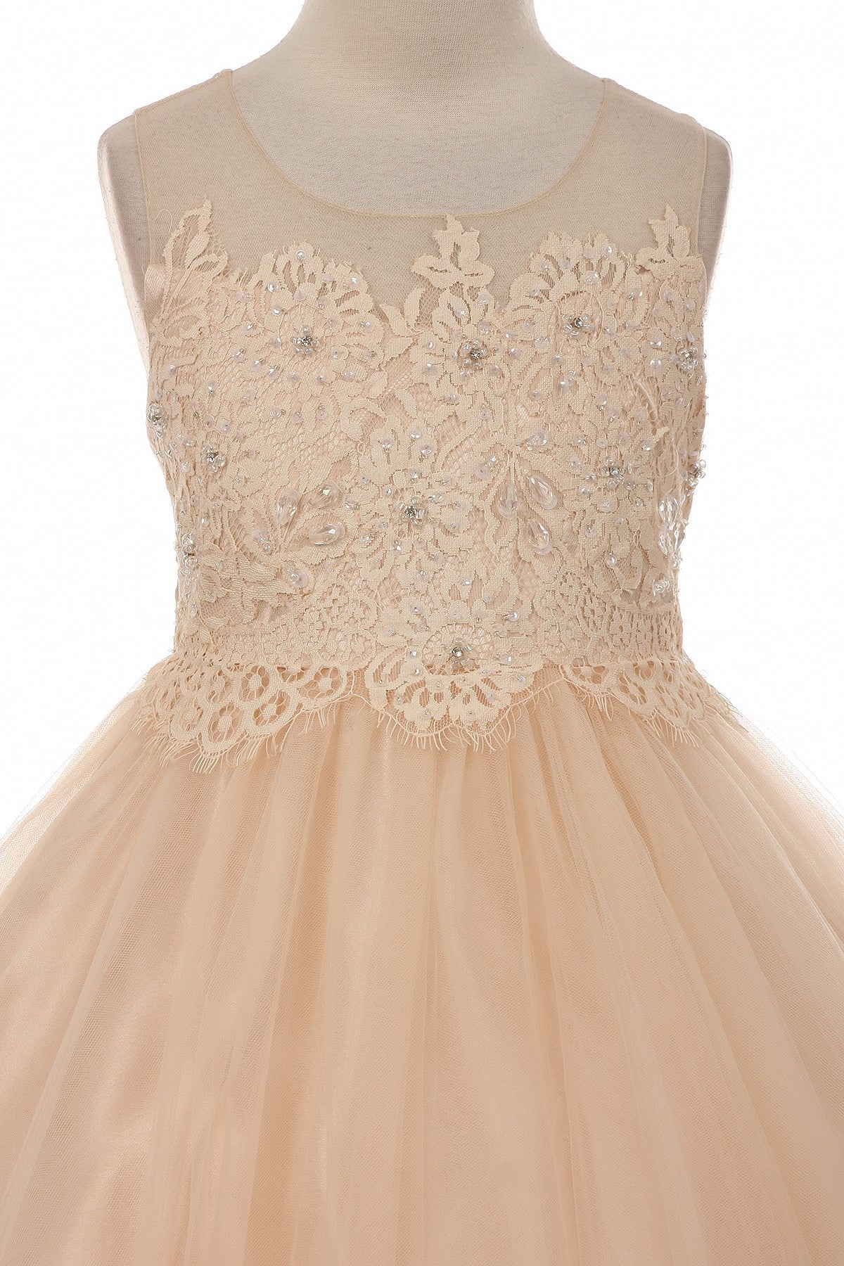 Lace Applique Illusion Girls Formal Gown Pink Detail Front View