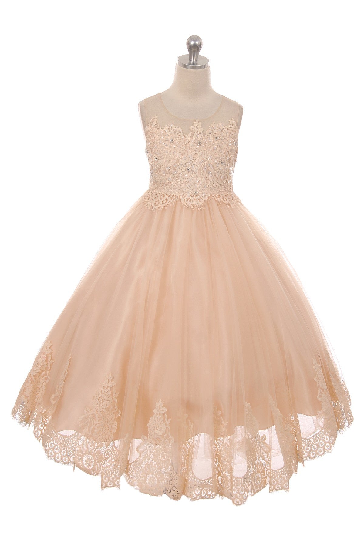 Lace Applique Illusion Girls Formal Gown Pink Front View
