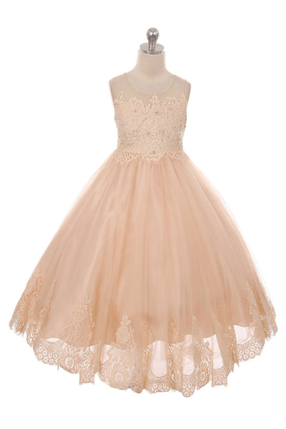 Lace Applique Illusion Girls Formal Gown Pink Front View