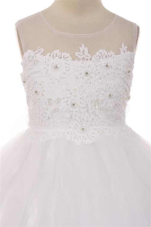 Lace Applique Illusion Girls Formal Gown White Detail Front View