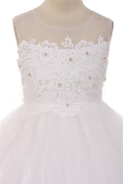 Lace Applique Illusion Girls Formal Gown White Detail Front View