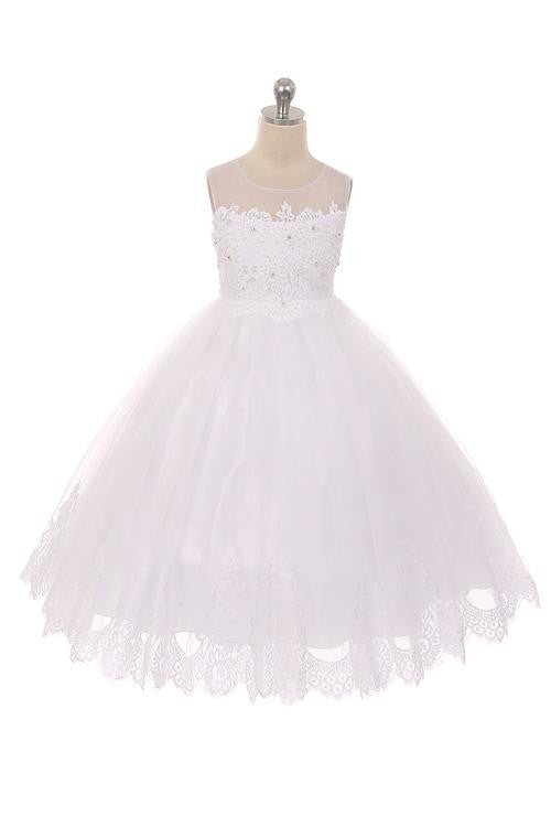 Lace Applique Illusion Girls Formal Gown White Front View