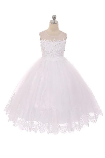 Lace Applique Illusion Girls Formal Gown White Front View