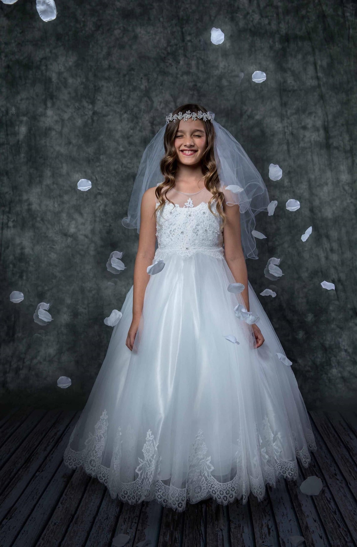 Lace Illusion First Communion Dress White Front Close Up View