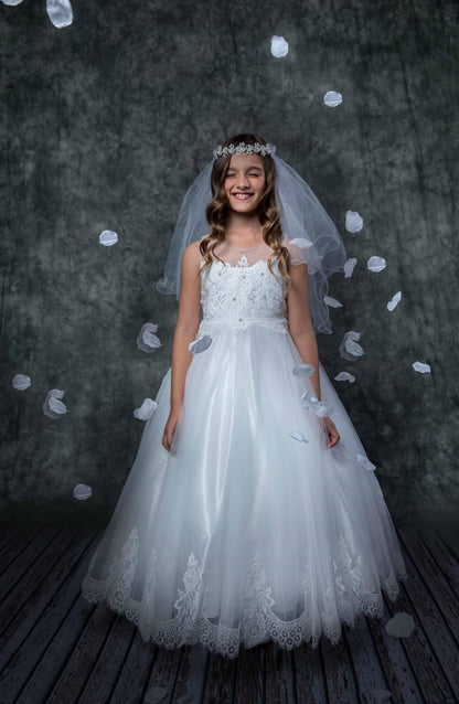 Lace Illusion First Communion Dress White Front Close Up View
