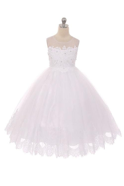 Lace Illusion Flower Girl Dress White Front View