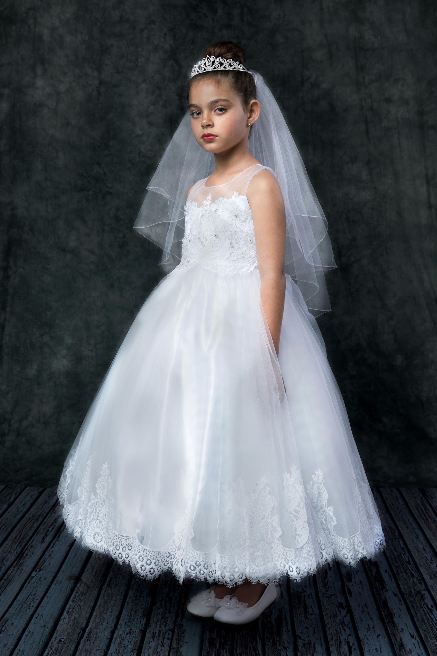 Lace Illusion Flower Girl Dress White Side View