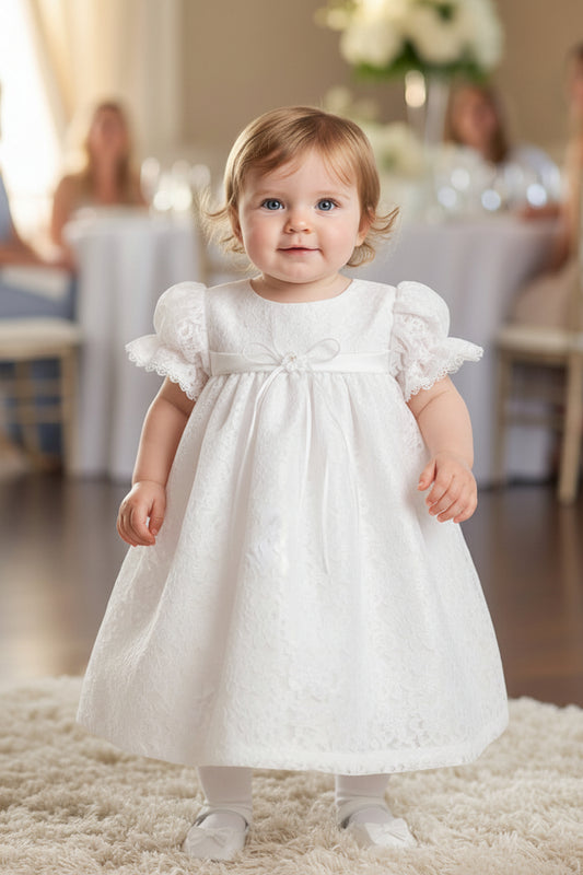 Lace Puff Sleeve Baptism Christening Baby Dress White Canada live