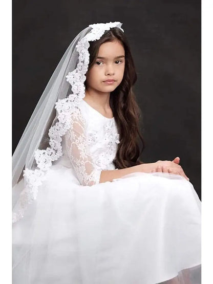 Long Lace Sleeve First Communion Gown With 3D Flower White Canada 1