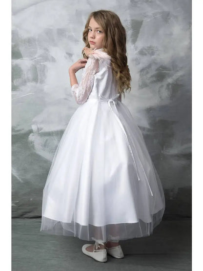 Long Lace Sleeve First Communion Gown With 3D Flower White Canada 3