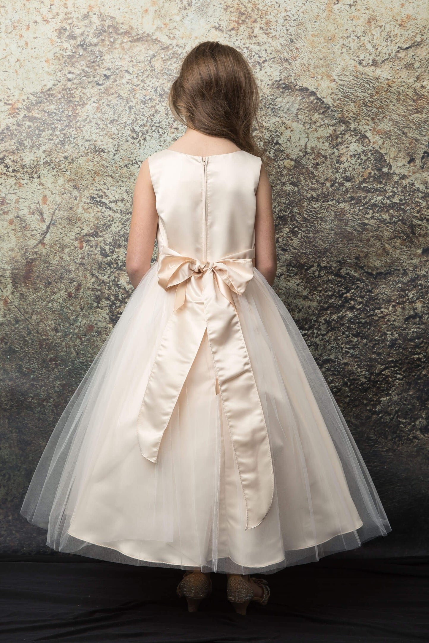 Posy Trim Flower Girl Dress Tea Length Champagne Back Live View