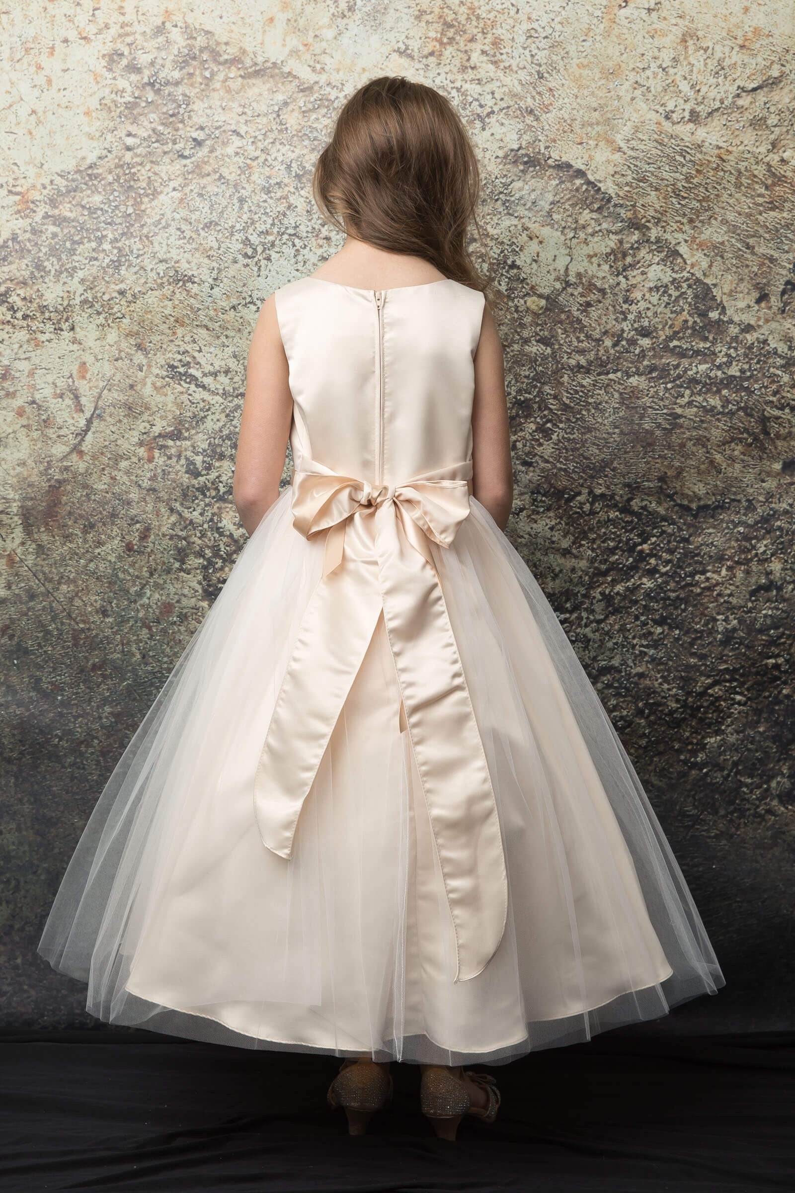 Posy Trim Flower Girl Dress Tea Length Champagne Back Live View