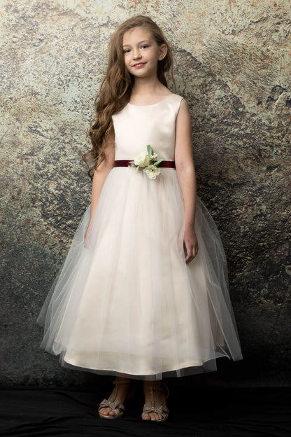 Posy Trim Flower Girl Dress Tea Length Champagne Front Live View